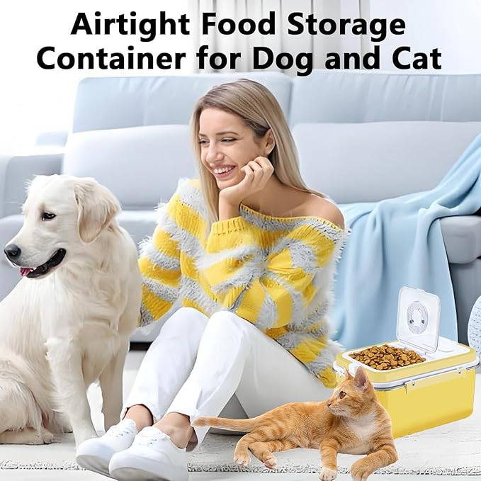 Sanbo Dog Food Storage Container Stainless Steel with Scoop, Airtight Pet Metal Food Storage Bin,Cat Food Canister,Storage Box with Date Tracker for Kitchen (Yellow, 10L)