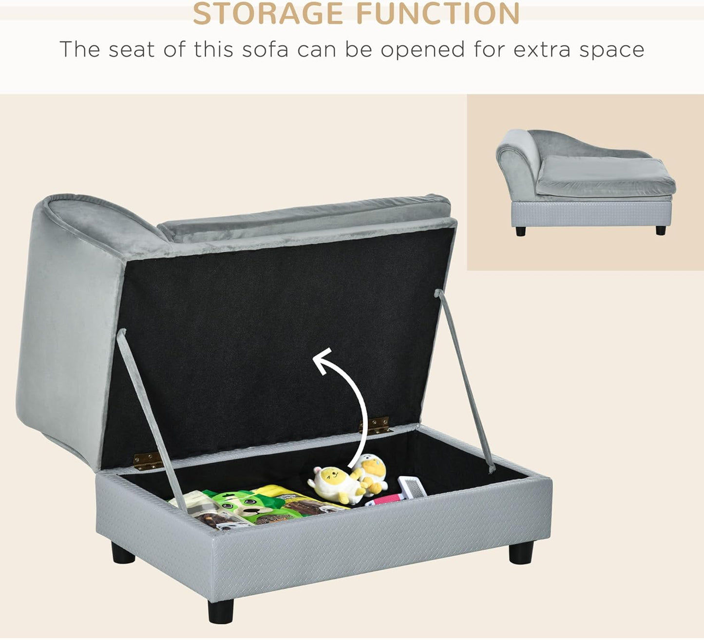 PawHut Luxury Fancy Dog Couch with Hidden Storage, Small Dog Sofa Bed with 2" Soft Foam, Modern Pet Furniture for Puppies & Little Breeds, Pale Gray