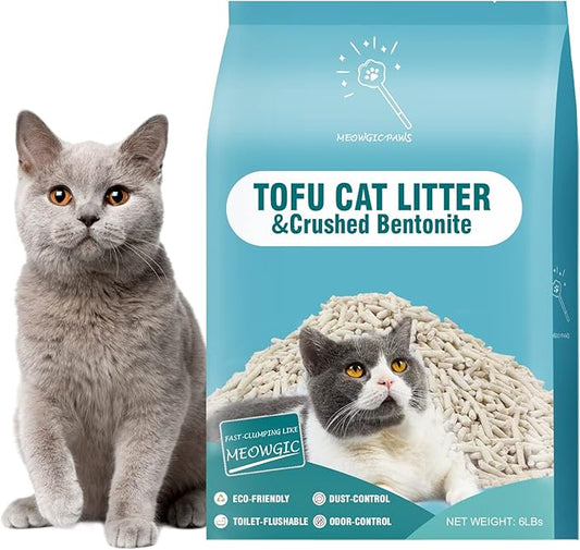 Plant-Based Cat Litter, Odor Control Quick Clumping Tofu Cat Litter, 6 lbs, Low Tracking Dust Control Lightweight Flushable Unscented Natural Kitty Litter