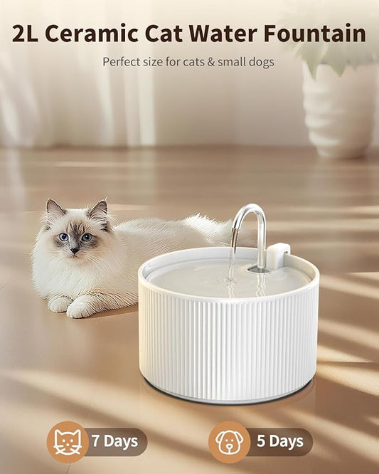 Ceramic Cat Water Fountain, 2.2L/74oz Automatic Pet Drinking Fountain for Indoor Cats and Small Dogs, Ultra Quiet, BPA-Free, Cat Water Dispenser with Filter – Easy to Clean