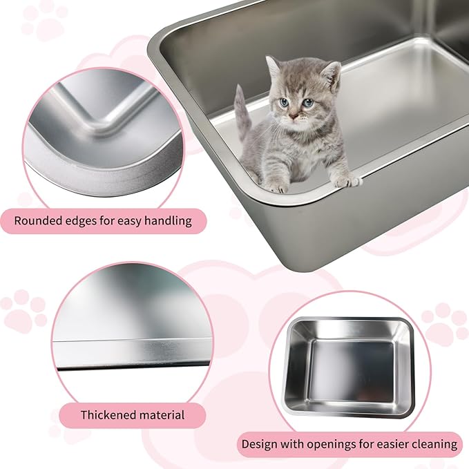 4 Pcs Large Stainless Steel Litter Box 17.7" X 13.8" X 5.9" Metal Cat Litter Box with 30 Pcs Non-Slip Gaskets Large Litter Pan for Cat Kitties No Smell Non Stick Pet Toilet Supplies