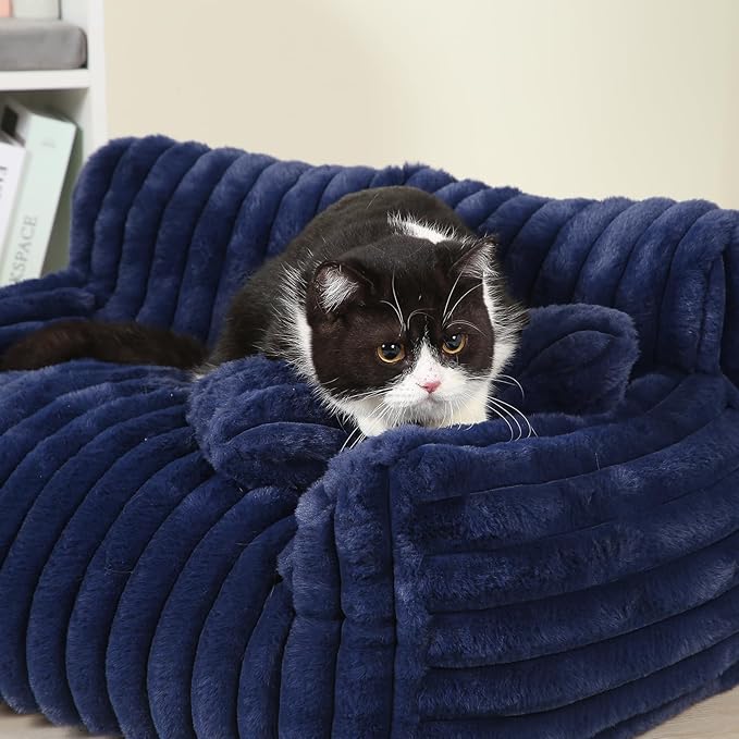 Fluffy Cat Bed, Small Dog Bed with Bone Shaped Pillow, Anti-Anxiety Pet Couch with Washable Cover, Blue