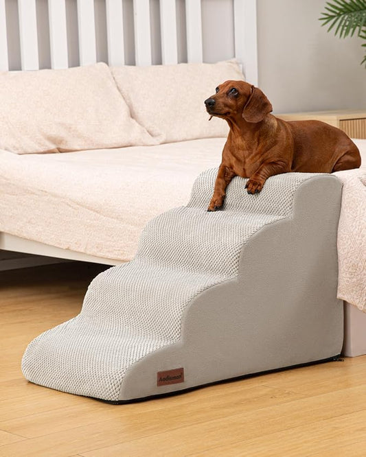 Dog Stairs Ramp for Bed and Couch,4 Step Dog Steps for Small Dogs,Pet Stairs with Non-Slip Bottom for Old Cats,Indoor Pet Steps,Comfort,Durable,17.4" H,Light Grey