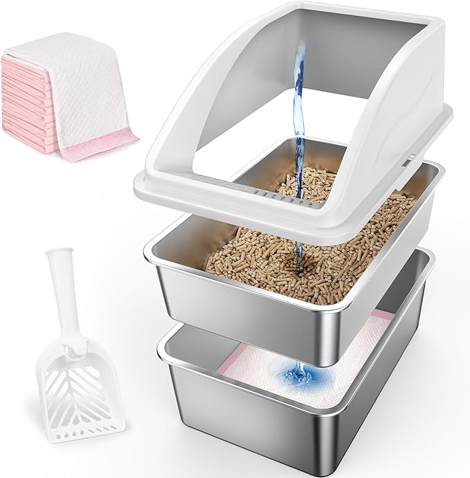 Stainless Steel Litter Box for Pine Pellet Cat Litter Non Clumping Litter System | XXL Sifting Cat Litter Box with Lid for Big Cats | High Sided, Anti-Urine Leakage | Non-Stick Bottom