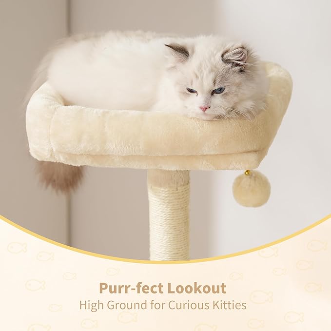 Heybly Cat Tree, 49.2 Inches Cat Tower for Indoor Cats, Spacious Cat House Condo with Hidden Space，Sturdy Steel Tube，Soft Plush Top Perch，Cozy Hammock and Sisal Scratching Posts, Beige HCT200SM