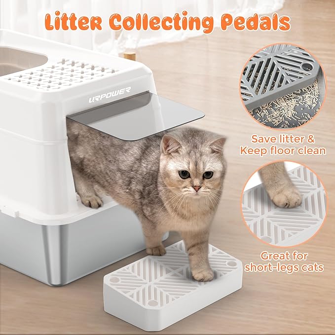URPOWER Stainless Steel Cat Litter Box with Lid Extra Large Enclosed Litter Box for Cats Non-Sticky Metal Pan with High Sided Enclosure & Scoop, Front & Top Entry, Anti-Leakage, Easy Cleaning