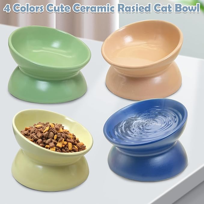 kathson 4 Pcs Ceramic Raised Cat Bowls, Elevated Tilted Cat Food Bowl, Anti Vomiting Pet Food Bowl, Colorful Porcelain Pet Feeder Dish for Cats and Small Dogs, Stress Free(Blue,Green,Yellow,Pink)