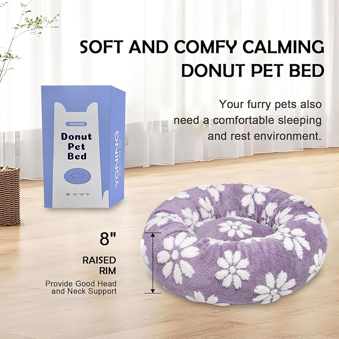 Donut Dog Beds for Medium Dogs, Calming Round Cat Beds for Indoor Cats, Cute 3D Textured Flower Pet Bed with Removable Washable Cover and Anti-Slip Bottom（Purple，30"）