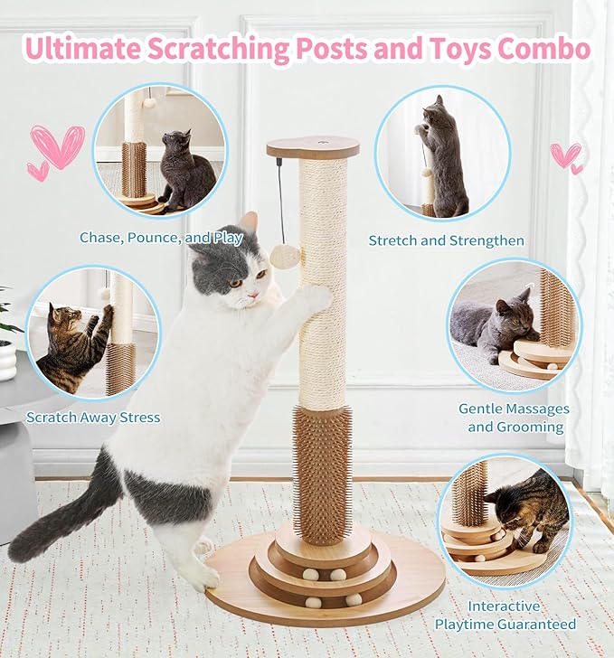 Made4Pets Cat Scratching Post Premium Sisal Cat Scratcher Kitten Toys for Indoor Kittens 28.3" Tall Cat Tower Scratch Post Cat Tree Wooden Interactive Ball Track Cat Toy with Hanging Ball, Beige