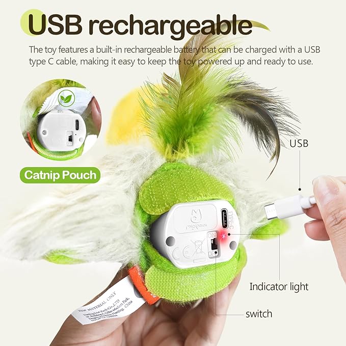 Migipaws Cat Toys,Interactive Lifelike Amakihi Flying Flapping Bird with Catnip, Feathers Hanging by Elastic String, Automatic Chirping Kitten Toys for Indoor Cats Self Play, Rechargeable(Green)