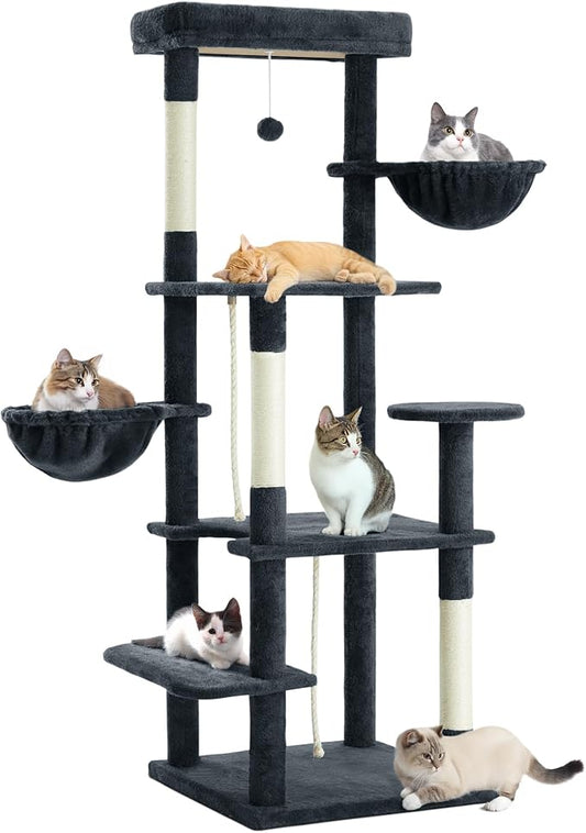 59 Inch Cat Tree Tower, Multi-Level Large Cat Tree for Indoor with Super Large Bed, Hammocks, Scratching Posts, Dangling Ball, Cat Furniture, Activity Center