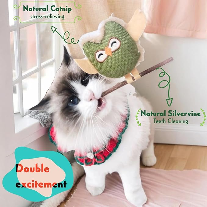 Tails & Tales Cat Toys Owls, Catnip & Silvervine Plush, Bite-Resistant & Soft Interactive Toys for Indoor Cats & Kittens, Reduces Stress & Encourages Activity, Pack of 4