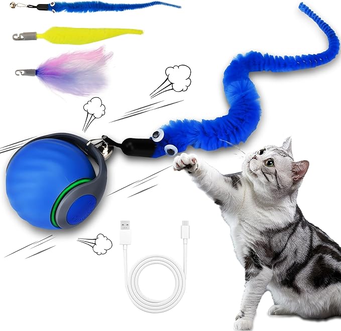 Vrurc Interactive Cat Toy Ball-Speedy with Feather & 3 Tails,Motion Activated Auto Roll,2 Speeds Rechargeable,Indoor Cat Stimulation, Enrichment,Keeps Busy,Durable (Blue)