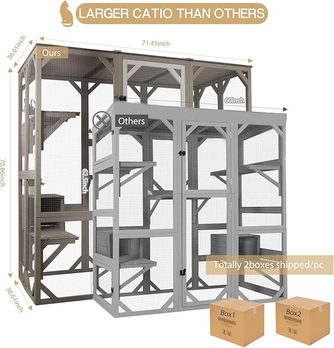 71" Catio Outdoor Cat Enclosure Large Weatherproof Cat House Kitty Cage for Indoor Cats with Multi-Level Platforms, Waterproof Roof, Two-Piece Front-Back Combination
