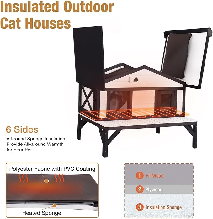 Heated Outdoor Cat House - Heavy-Duty Triple-Layer Weatherproof Shelter with Thermal Liner, Openable Roof & Escape Doors for Winter(92-Black)