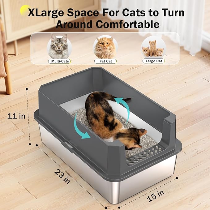 Stainless Steel Litter Box, Extra Large Litter Boxes for Big Cats, XLarge Metal Cat Litter Box with Lid, Anti-Urine Leakage XL Box with High Sides, Easy Clean, Non-Sticky, Scoop Included