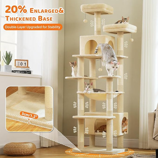 PAWZ Road Heavy Duty Cat Tree for Large Cats, 81 Inches Tall Cat Tower with 2 Perches, 2 Condos and Spacious Hammock, XL Extra Large Condo with 7 Scratching Posts for 20lb+ Adult Cats,Beige