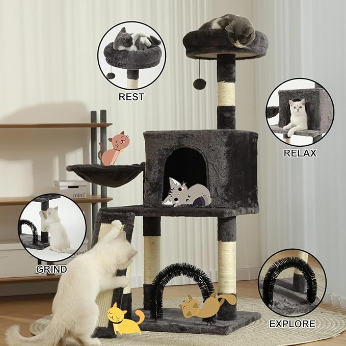 HOOPET 44IN Cat Tree for Indoor Cats - Multi-Level Cat Tower with Hammock, Condo, Scratching Posts, Self-Grooming Brush & Play Ball - Space-Saving Cat Furniture for Small Apartments