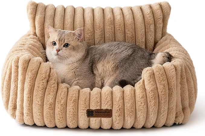MEWOOFUN Cat Beds for Indoor Cats, Fluffy Cat Couch with Removable Washable Cover, Supportive Small Dog Beds for Puppy & Kitten up to 15 lbs (Camel, 24x19x12)