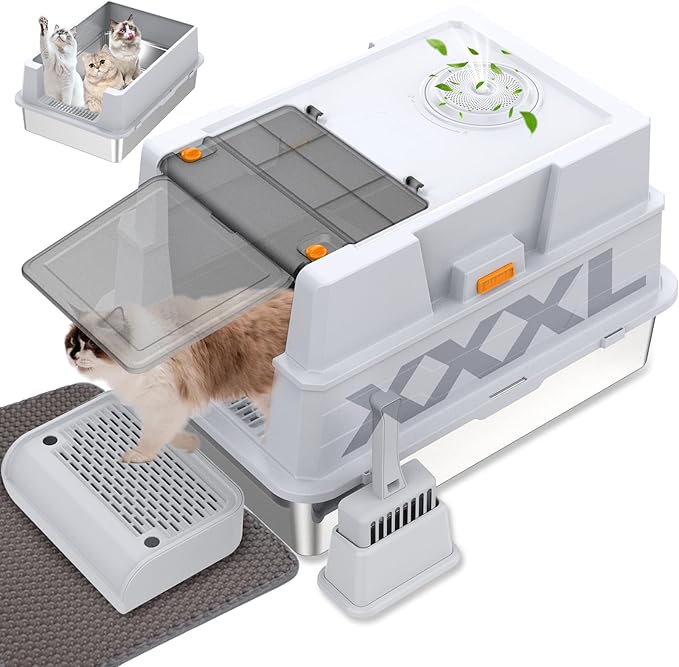 XXXL Stainless Steel Litter Box with Lid,XXXL Enclosed Metal Cat Litter Box for Big Cats,Multiple Cats,with Litter Scoop & Foot Pedal& Litter Mat,Odor Control,Easy Cleaning