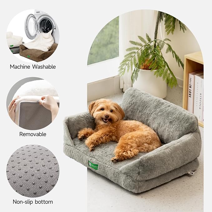 MEWOOFUN Dog Couch Bed, Removable Washable for Indoor Cats and Small Dogs, Supportive Pet Bed with Non-Slip Bottom (Grey, 26x18x11.5)