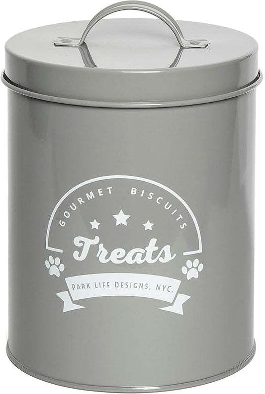 Park Life Designs - Metal Pet Treat Jar with Airtight Lid for Dogs, Cats, Puppies and More, Chic Kitchen Countertop Container for Cookies, Biscuits and Treats (Gourmet Biscuits, Grey, 1.4 Qt)