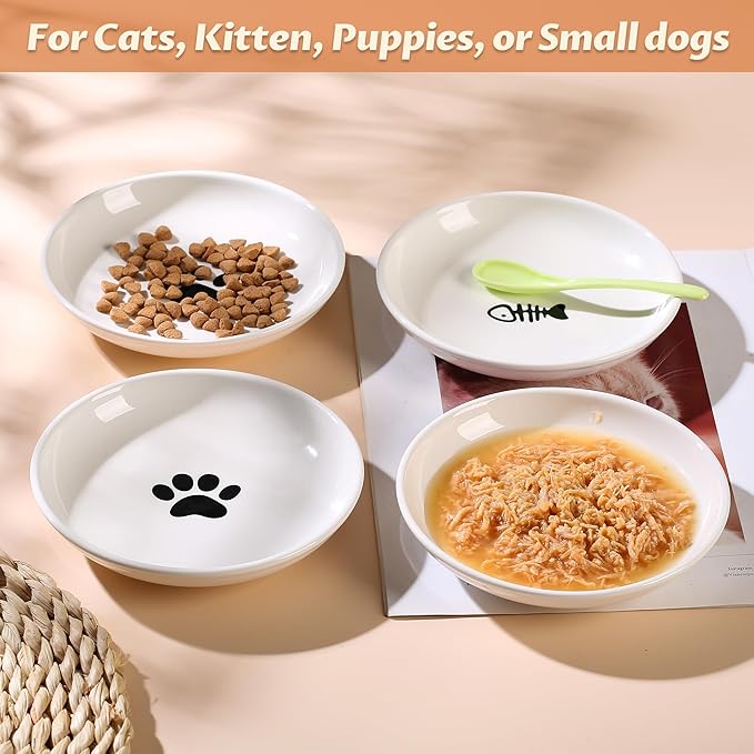Cat Bowls, Ceramic Cat Food Bowl Set with Silicone Ring for Non Slip, Cute Cats Dishes and Plates for Feeding Indoor Cats, Kitten, Small Dogs (White-4 Pack, 6 Inches)