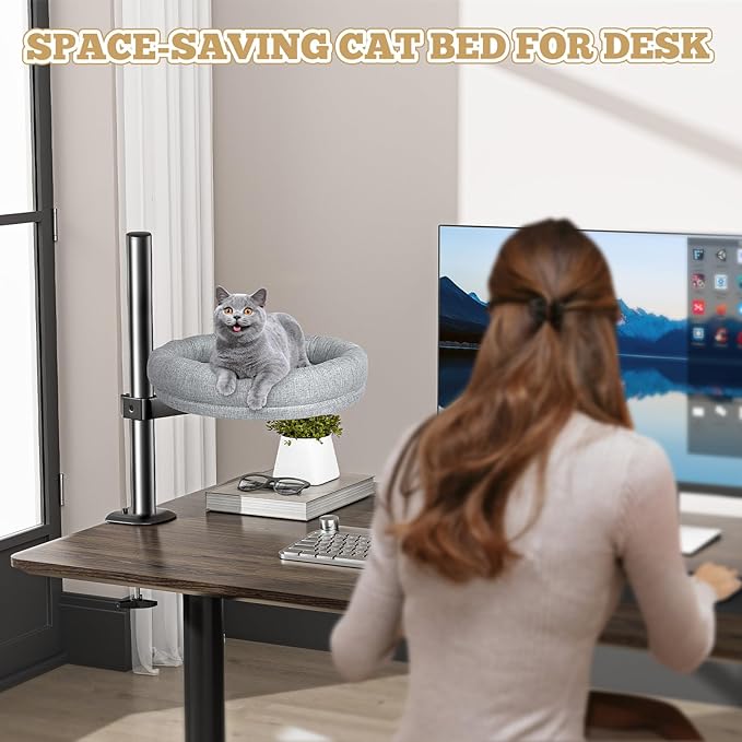 Cat Bed - Desk Cat Nest with 360 Rotation & Adjustable Height - Soft & Comfortable - Indoor Cats Up to 40 lbs (Grey)