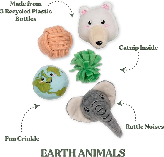 Global Collection Cat Toys | Earth Animals Mixed Bundle | Value 5-Pack for Indoor Cats | Cute Interactive Plush Toys | Eco-Friendly & 100% Recycled Materials