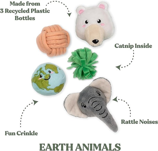 Global Collection Cat Toys | Earth Animals Mixed Bundle | Value 5-Pack for Indoor Cats | Cute Interactive Plush Toys | Eco-Friendly & 100% Recycled Materials