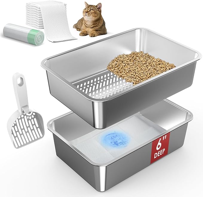 19.6''x13.7''x6'' Suzzipaws Stainless Steel Litter Box, Open Top Sifting Litter Box for Pine Pellets, Metal Litter Pan Tray System with Pee Pads & Liners, Odor Control, Low Dust, Easy Cleaning