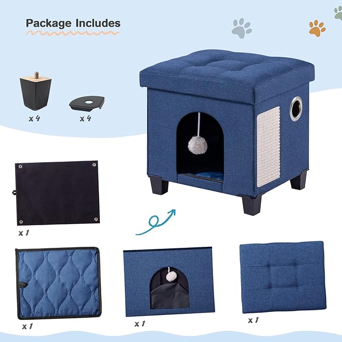 BRIAN & DANY Cat House and Bed, Cat Cave with Scratch Board & Ball, 14.7' x 14.1' x 12.7', Blue