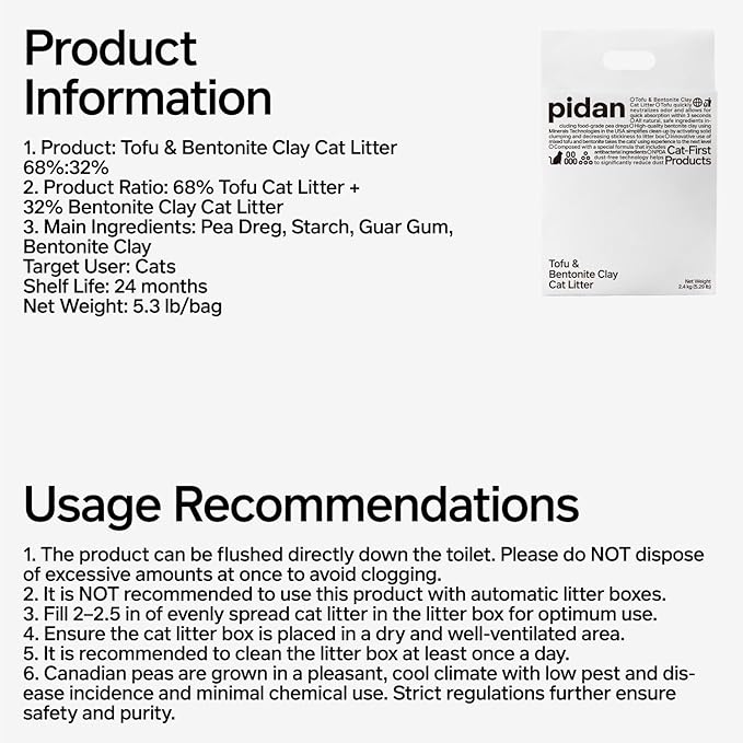pidan Mix Cat Litter,Tofu Cat Litter with Bentonite,Absorbent and Fast Drying,Flushable Tofu Litter,Selected Quality Pea Dregs,5-Fold Water Absorption,Strong Clumping (5.3lb×1bag)