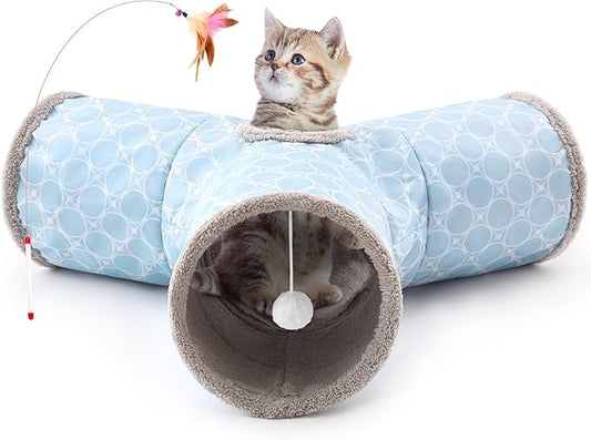 Tempcore Pet Cat Tunnel Tube Toys 3 Way Collapsible, Cat Tunnels for Indoor Cats Fleece-Lined in for Warmth，Kitty Tunnel Bored Cat Pet Toys Peek Hole Toy Ball Cat, Puppy, Kitten, Geometry Blue