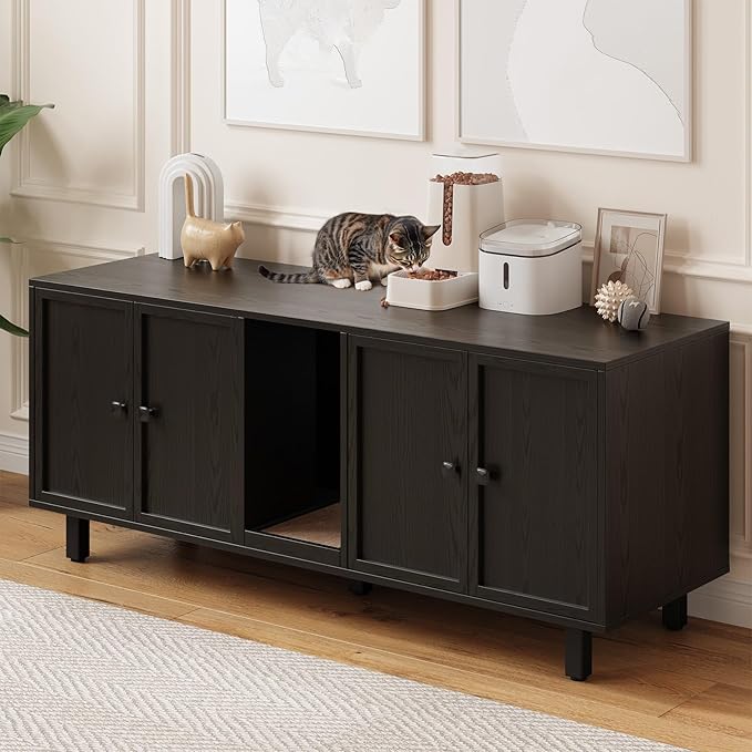 59 Inches Cat Litter Box Enclosure for 2 Cats, Hidden Litter Boxes Furniture with Cat Scratch Pad, Large Indoor Pet House with Double Room, Wooden TV Stand Side Table, Black