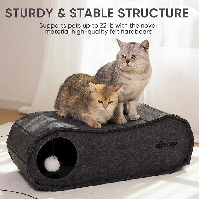 NATUYA Cat Bed Cave for Indoor Cats, Large Cat Lounge Cave Bed with Toy Ball, Enclosed Scratch Resistant Detachable Felt Cat Hideaway Bed for Cats up to 22 Lbs