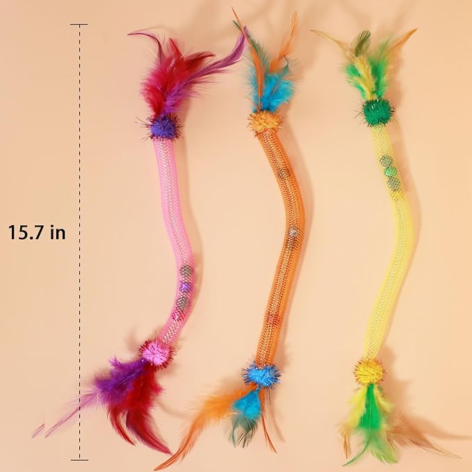 Interactive Cat Toys with Feather, Stretchable Mesh Tubes Toys with Bell and Catnip Inside, Colorful Interactive Play String for Cats and Kittens, 3 Pcs