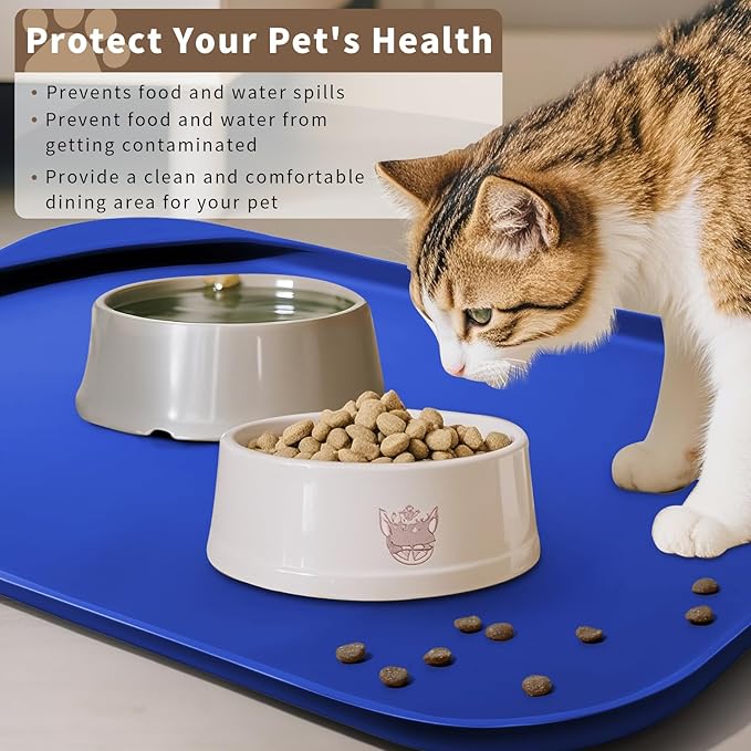 Silicone Pet Feeding Mat with Raised Edge & Residue Collection Pocket for Food and Water, Dog Bowl Mats, Cat Bowls Placemat with High Lip for Floor Waterproof, 24 x 16 x 0.8 Navy Blue