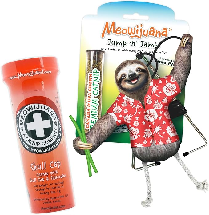Meowijuana Jump 'n' Jamb Door Hanging Cat Toy | Sloth | Refillable Interactive Catnip Toy | Promotes Play and Cat Health | Includes Potent Catnip Grown in North America