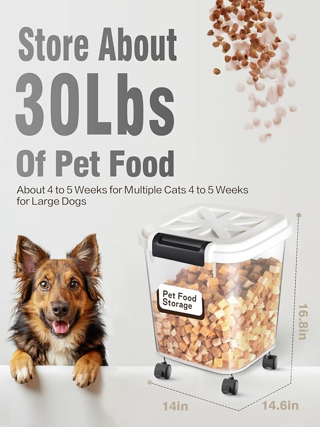 Airtight Rice Storage Container 50 lbs, Attachable Wheels, for Dog Cat Bird and other Pet Food Storage Bin, Keep Fresh, Easy Mobility, BPA Free, White
