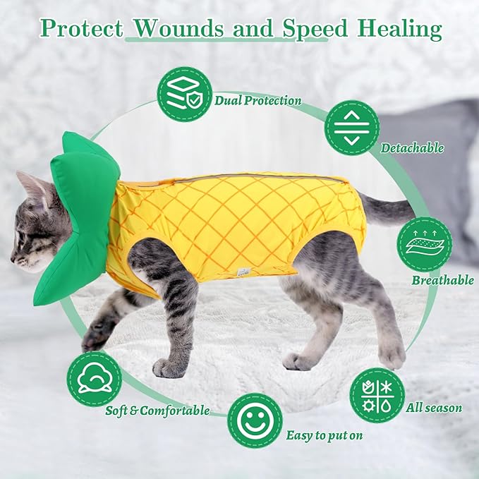 EMUST Cat Recovery Suit and Cat Cone Collar Set, Soft kittens Onesie for Cats After Surgery Female, Cute Kitten Surgery Recovery Suit Female, Cone of Shame Alternative for Kittens Under 4lb, Yellow, S