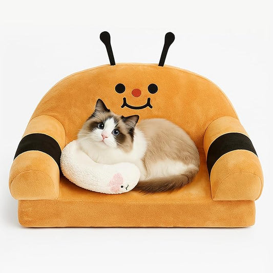 Cute Cat Couch with Soft Pillow, Supportive Dog Couch, Cat Sofa with Removable Cover，Cute Bee Shaped, 24 Inch