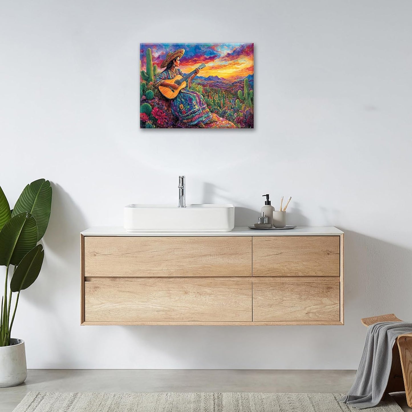 Mexican Women Pictures Wall Art, Cactus Landscape Bathroom Wall Decor, Nature Scenery Aesthetics Framed Painting Desert Modern Canvas Artwork for Bathroom Bedroom Living Room Decorations 20"L x 16"W