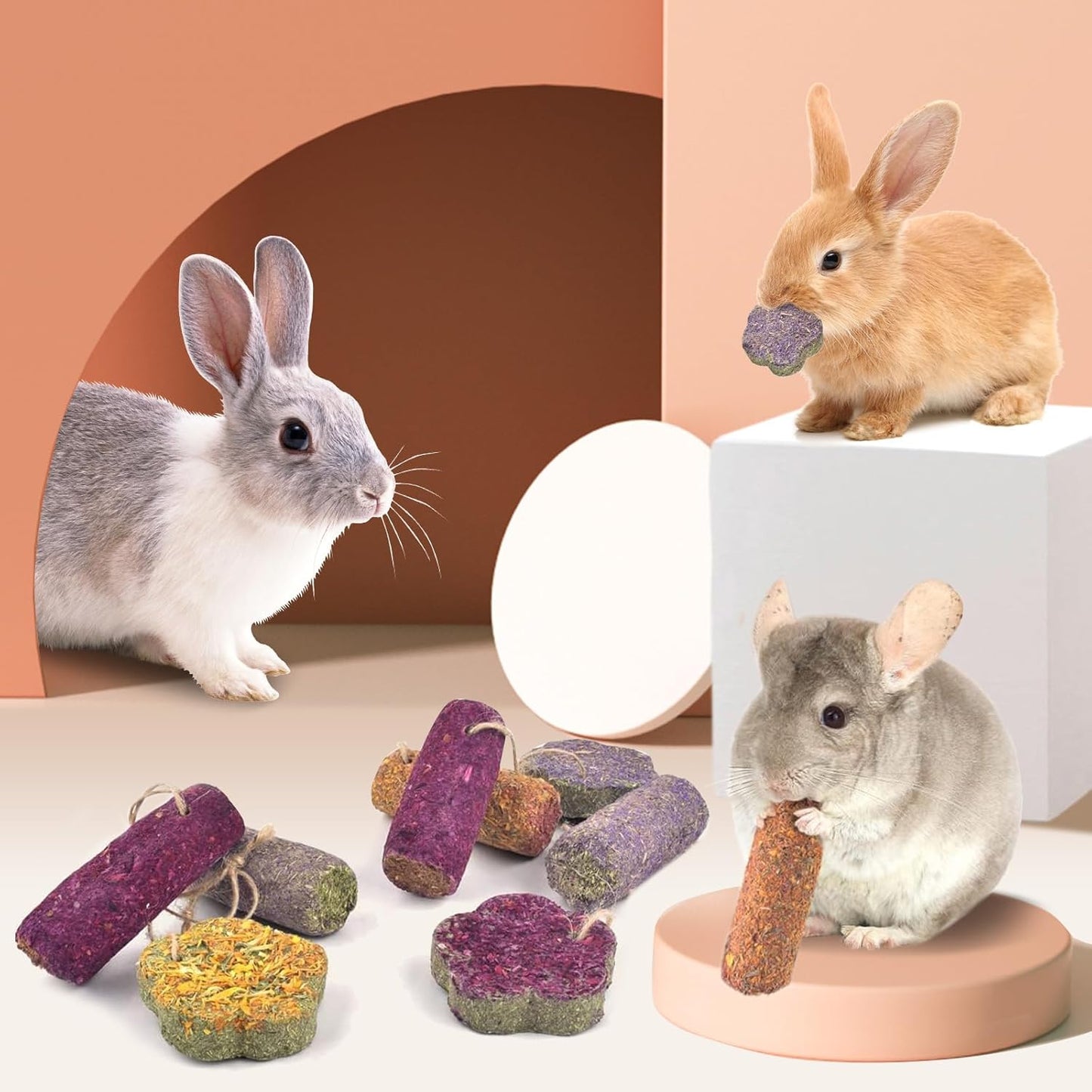 12PCS Rabbit Chew Sticks, Hanging Chew Sticks & Cakes Timothy Hay Rose Chrysanthemum Treat for Bunny Chinchilla Guinea Pig Hamster and Other Small Pets Molar Snack Toy