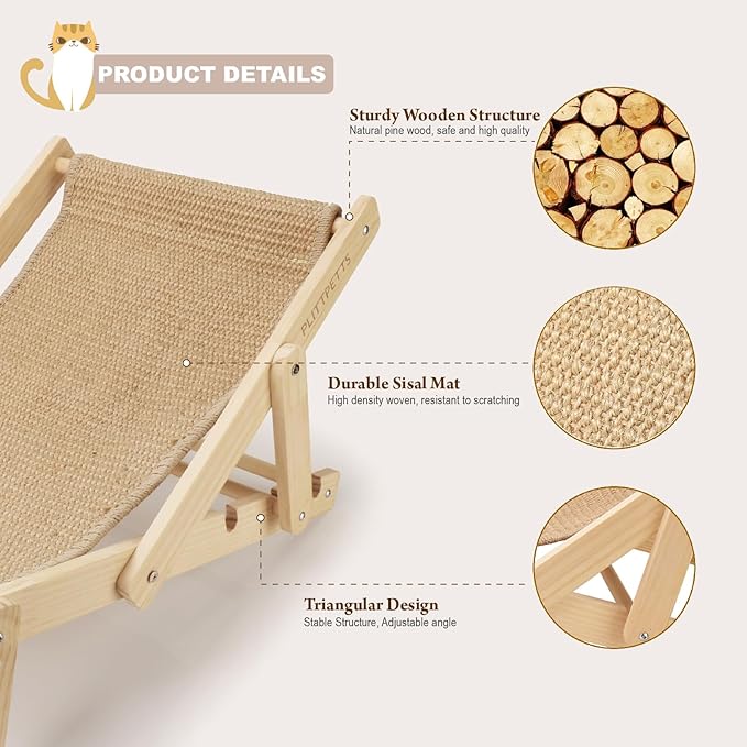 2 in 1 Cat Sisal Chair for Indoor Cats Hammock for Scratching Pad, Sisal Cat Scratcher Bed with Adjustable 4-Position for Cats Scratcher Lounge, Natural Lounger Chair