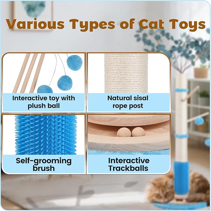 EMUST 45" Tall Cat Scratching Posts for Indoor Cats, Large Bold Ocean- Themed Cat Scratcher Post with Sturdy Solid Wood Base Self Groomer Brush for Kittens Adults Cats Protect Your Furniture