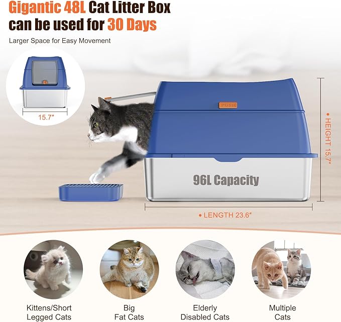 Stainless Steel Cat Litter Box with Lid Extra Large Open-Top Dual Entry Enclosed Metal Pan Tray with High Sides Pedal Scoop Non-Stick Anti-Leakage Easy Cleaning for Big Multi-Cat (Blue)