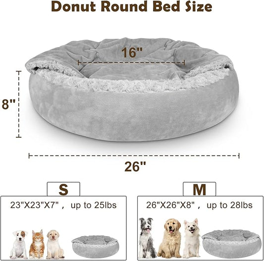 JOEJOY Dog Beds for Small Medium Dogs, Cozy Cuddler Luxury Puppy Pet Bed with Blanket Attached, Donut Round Calming Anti-Anxiety Dog Burrow Cave Bed - Anti-Slip Bottom and Machine Washable 26 inch