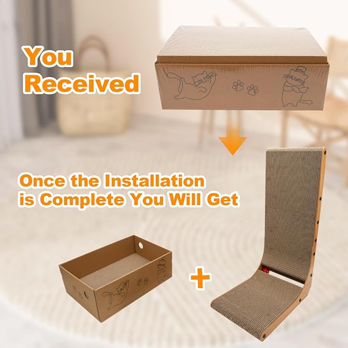 L-Shaped Cat Scratcher 2-in1 Scratching Board for Indoor Cats Protecting Furniture Cardboard Box Scratch Pad with Ball Toy
