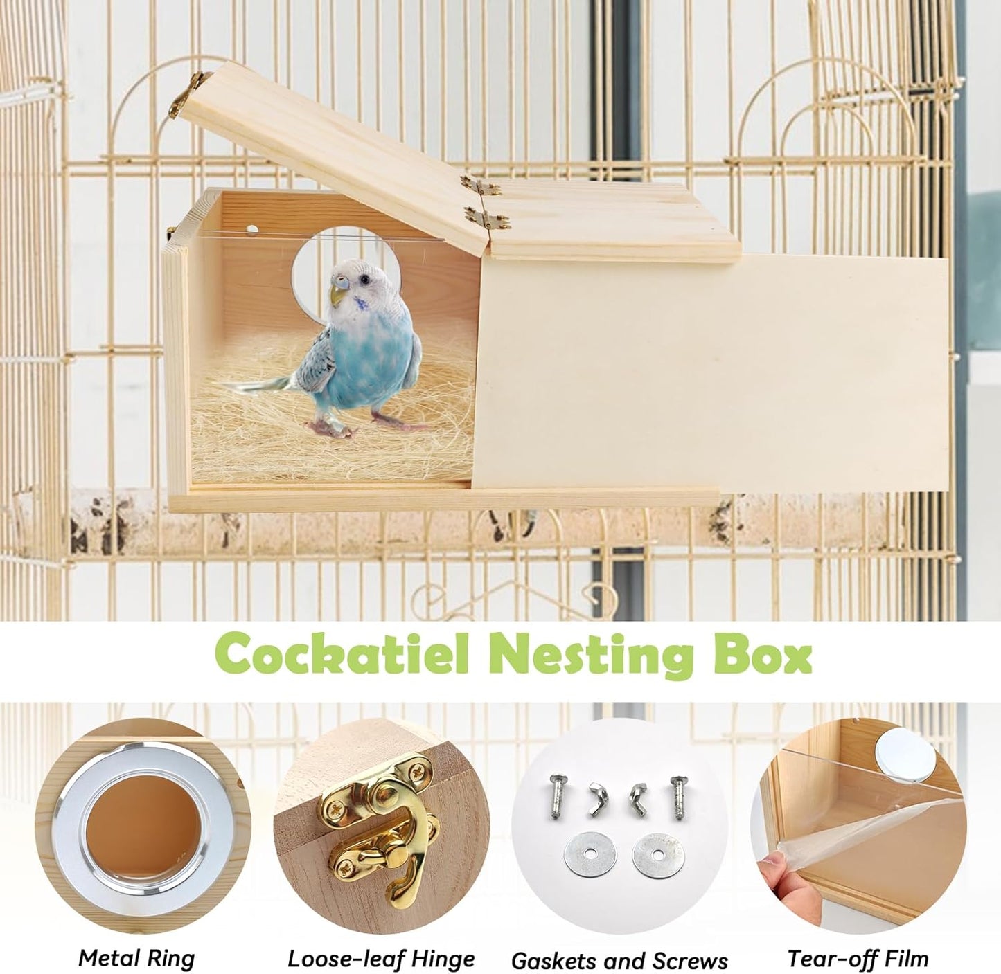 PINVNBY Wooden Bird Nesting Box with Transparent Visual Window,Parakeet Nest Breeding Box with Detachable Board Acrylic Cockatiel House for Budgie Lovebird Conure Parrot (L)